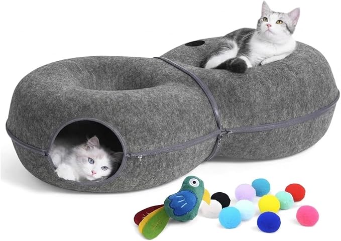 Extra Large 8-Shaped Cat Tunnel Bed 38 x 24 x 11 Inch for Indoor Cats – 2 in 1 Plush Cat Cave & Play Tunnel with Hanging Toy Balls & Bonus Bird Toy, Cozy Hideout for Multiple Cats (Dark Grey)