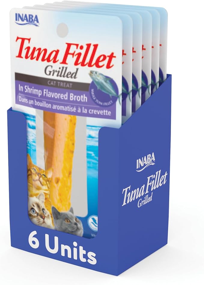 INABA Premium Hand-Cut Grilled Tuna Fillet Cat Treats/Topper with Vitamin E and Green Tea Extract, 14 grams Each, Pack of 6, Shrimp Broth
