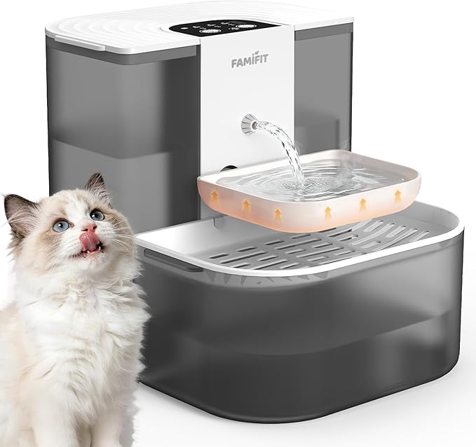 [New Upgrade] Famifit 4L+2.5L Heated Automatic Cat Water Fountain, 4000mAh Battery, Warm Water Option, Timed & Measured Control, Clean Water System, No Filter, Ceramic Bowl, Plug-in Recommended