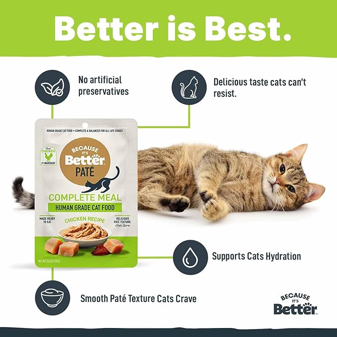 Because It's Better Pate Complete Meal, Chicken Recipe, 2.6 oz Pouches, Wet Cat Food, 12 Count
