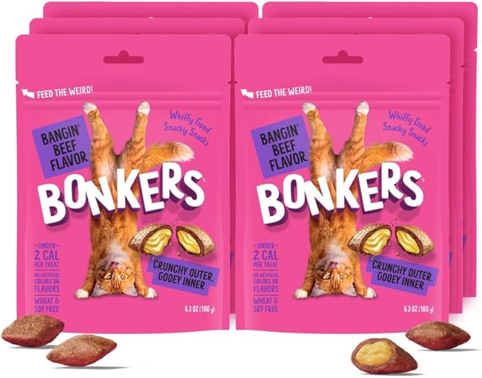 Bonkers Cat Bites, Crunchy & Soft Bangin' Beef Flavor Treats, Low Calorie, Training or Food Topper, 6.3 oz / 180g Resealable Bag for All Breeds and Ages, Value Pack (6 Pack)