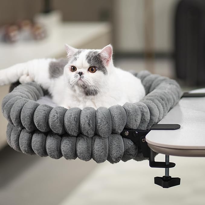 CHEERPALS Cat Desk Bed with Reversible Cushion, 90°Foldable Cat Hammock for Desk Mounted, Suitable for Medium-to-Large Cats and Puppy, Clowd Series(Grey, Medium)