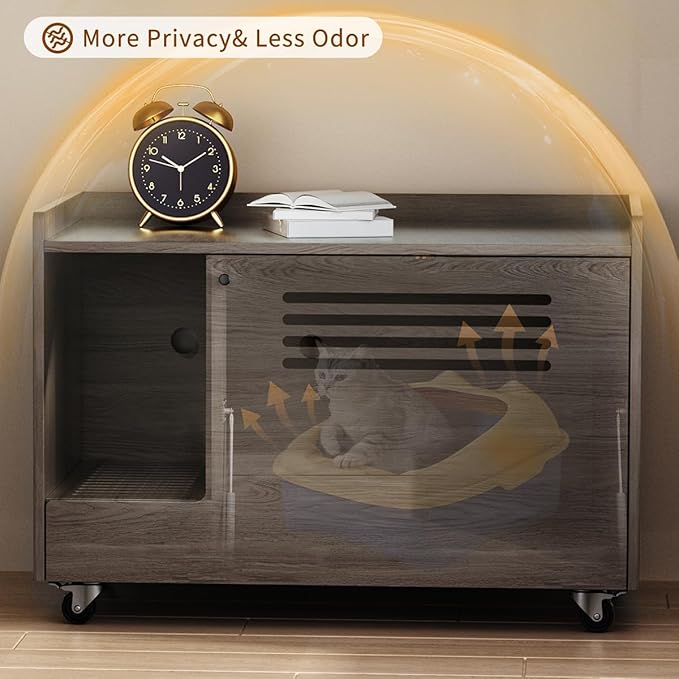 32.7" Gray Cat Litter Box Enclosure, Hidden Litter Box Furniture with Top Side Fence, Indoor Side End Table/Storage Cabinet for Large Cats