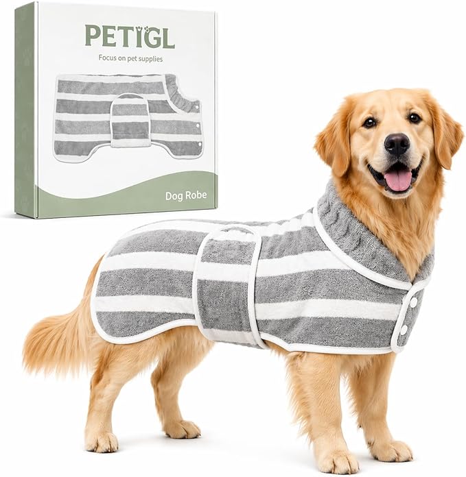Dog Robe, Towels for Dogs After Bath, Dog Bathrobe for Drying Dogs, Fast Drying Super Absorbent Striped Dog Towel Wrap, Adjustable Warm Pet Bath Supplies (Grey, Small)
