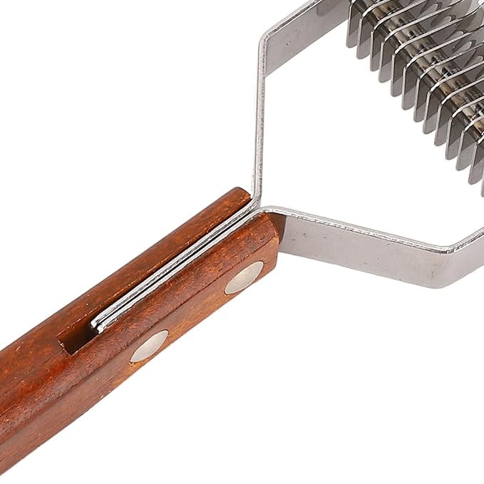 Focket Cat Grooming Brush, Stainless Steel Double Sided Pet Grooming Rake Ergonomic Anti Slip Wood Handle Pet Hair Removal Tool for Cats and Dogs (Small Size (21x17cm / 8.3x6.7in))