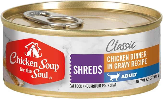 Chicken Soup for The Soul All Natural Premium Adult Wet Cat Food, Real Meat First Ingredient, No by-Products, Artificial Colors, Flavors or Preservatives, Chicken Shreds Dinner, 5.5oz (Pack of 24)