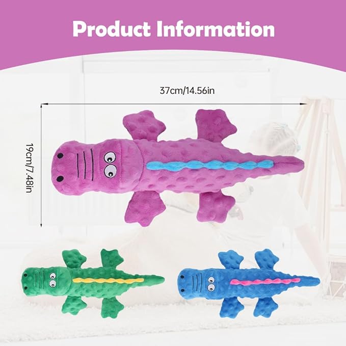 Indestructible Plush Dog Toy for Aggressive Chewers, Boredom Relief Squeaker Chew Toy with Double Fabric, Durable Crocodile Teething Toy for Large Medium Small Dogs (Green)
