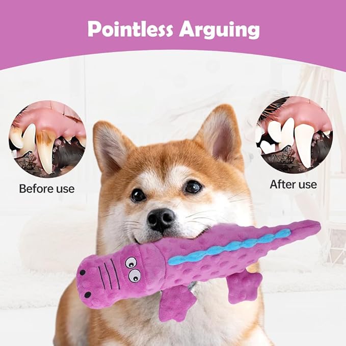 Indestructible Plush Dog Toy for Aggressive Chewers, Boredom Relief Squeaker Chew Toy with Double Fabric, Durable Crocodile Teething Toy for Large Medium Small Dogs (Purple)