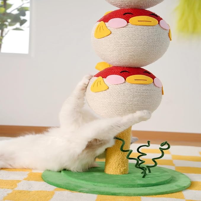 Cute Puffer Fish Cat Scratching Post – 3-Tier Climbing Tower with Sisal Rope, Flannel Base & Interactive Toy – Vertical Cat Tree Furniture for Indoor Cats & Kittens