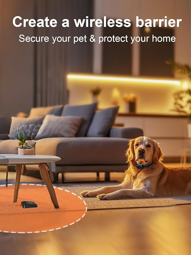 FLYSPEAR Wireless Pet Barrier - Rechargeable Indoor Barrier with 6 Adjustable Range Radius up to 7 ft, 6 Adjustable Safe Static Intensity, Electric Fence for Dogs with Hook (Transmitter Only)