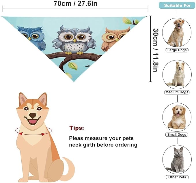 Dog Bandana Spring Pet Scarf Adjustable Triangle Owls on A Branch Printing Dog Bib Washable Polyester Puppy Bandana for Small Medium Large Dogs Cat Birthday Party Supplies