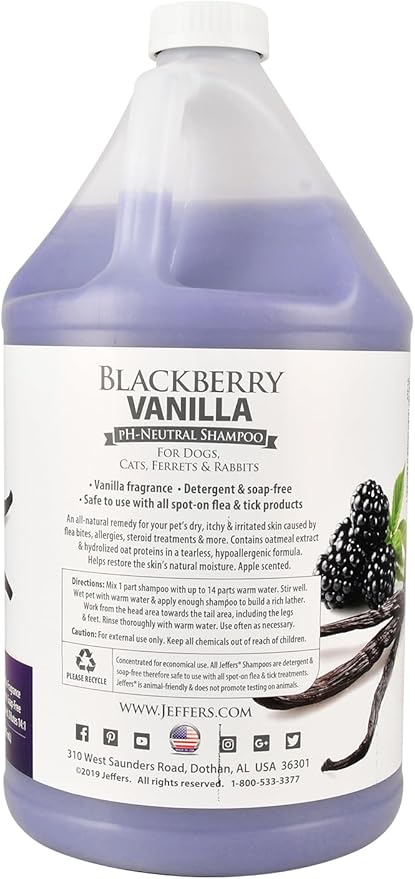 Jeffers Pet BlackBerry Vanilla Shampoo for Dogs, Cats & Small Pets, 1 Gallon – Safe pH Neutral Detangler Shampoo with Warm Vanilla Fragrance, Grooming Essentials, Healthy Coat, Soap & Detergent Free