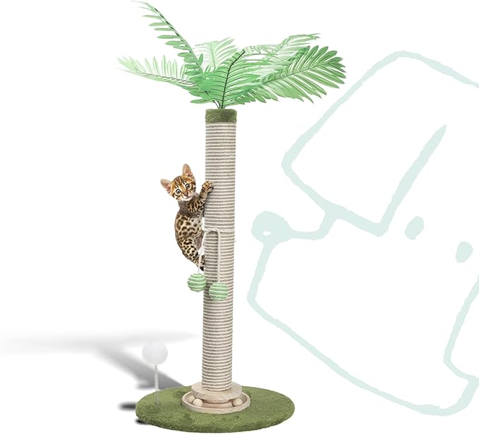 Cat Scratching Post 34 Inch with Rotating Turntable and Removable Hanging Ball, Cat Scratcher for Indoor Cats, Ultra Stable Base, Paw-FGreen Baseriendly Jute Material, Green Base