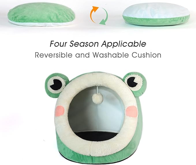 Jiupety Cute Cat Bed, Indoor Lovely Velvet Igloo for Cat and Small Dog, Warm Cave Sleeping Nest Bed for Puppy and Kitten, Green Frog, L