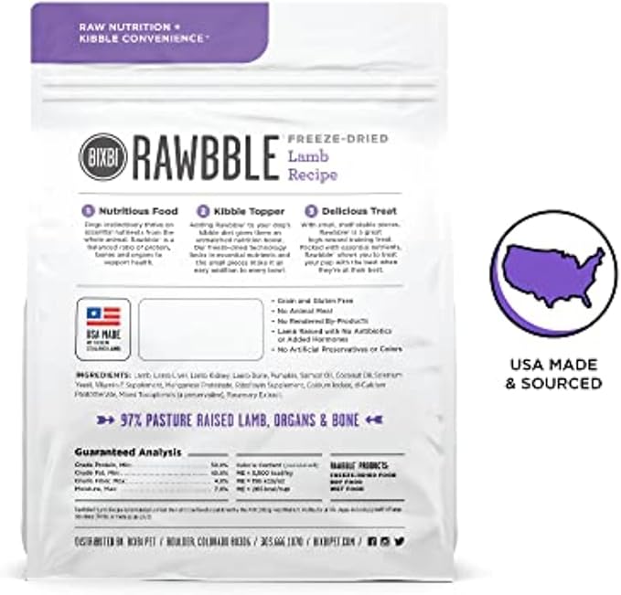BIXBI Liberty Freeze-Dried Dog Food Topper & Treats, Lamb – 97% Meat & Organs, No Refrigeration – USA Made, 4.5 oz