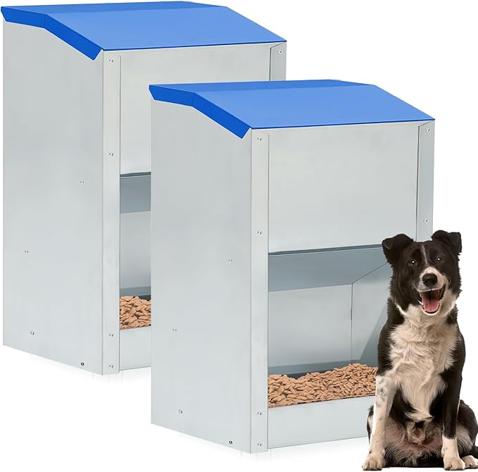 2 Pcs 25 Lbs Large Automatic Dog Feeders with Handle Acrylic Panel Galvanized Gravity Feeder Outdoor Hanging for Doggie Breed Dog Food Dispenser Container(Blue)