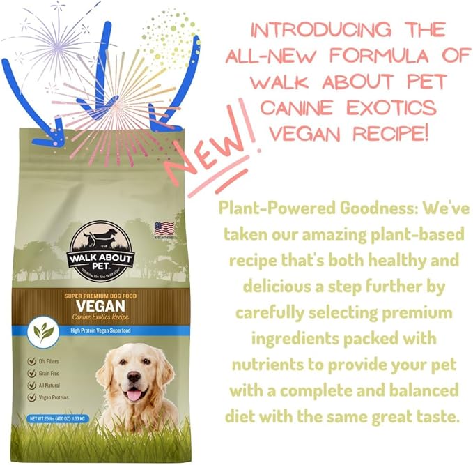Walk About Pet, WA10038, Super Premium Canine Exotics Dog Food, Dry Alkaline Kibble, Vegan Recipe, Grain-Free, Gluten-Free, Single Source Protein, 25-Pound Bag