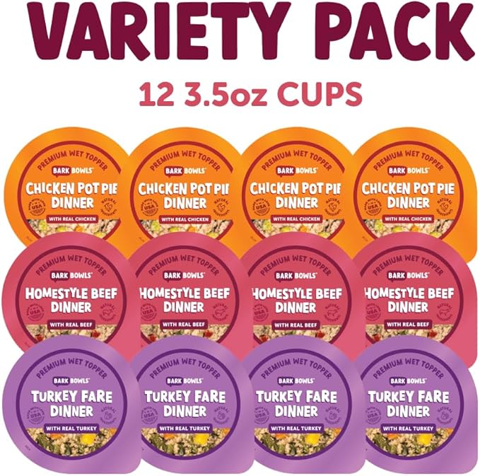 Wet Dog Food Cups, Chicken Pot Pie Dinner, Turkey Fare Dinner, Homestyle Beef Dinner Variety Pack- 3.5 oz Cups (Pack of 12), Made in The USA with Real Beef