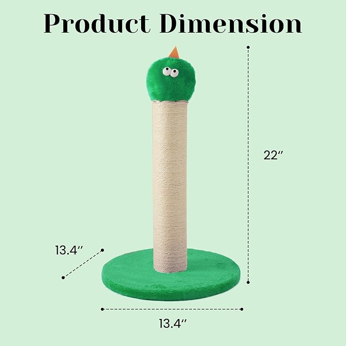 Cat Scratching Post for Small Space, 22'' Scratching Posts for Indoor Cats Adults, Extra Wide 13.4" Stable Base & Natural Sisal, Cute Cat Scratching Post with Short Plush Fabric for Indoor Cats, Green