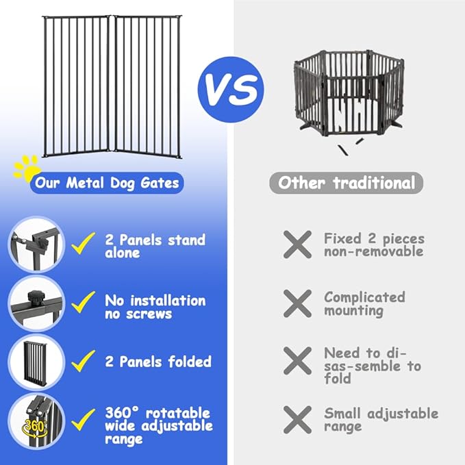 2 Panels Metal Freestanding Dog Gates with Door,40''W Detachable Foldable Dog Fence Indoor Outdoor Puppy Gate, 32''H Free Standing Tall Pet Gate for Doorways,House,Stairs,Porch,Deck,Yard