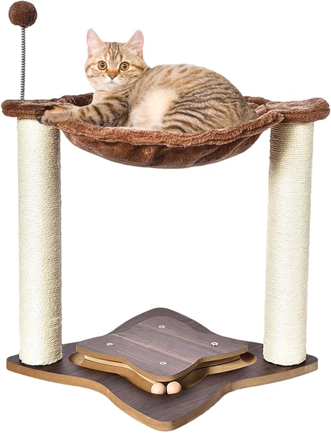 FluffyDream Cat Scratching Post for Indoor Cats, Small Cat Tree Tower with Hammock,Wooden Interactive Ball Track for Kitten and Adult Cats,18inches (Brown)