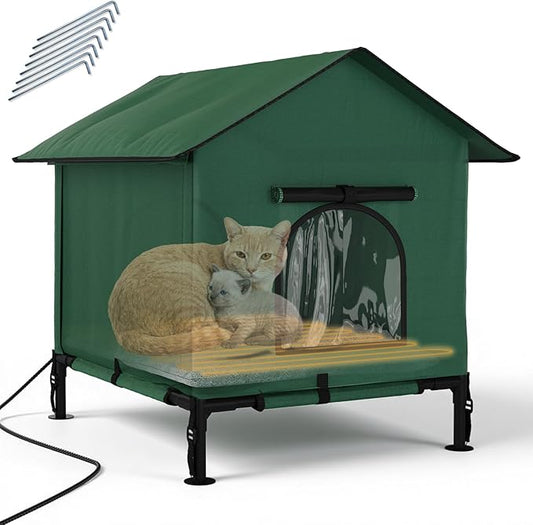 XLarge Heated Cat House for Outside, 3-in-1 Weatherproof Outdoor Cat Houses 100% Weatherproof, Safe Escape Door Cat Shelter with Heater for Feral Barn Cat Kitty-31.1" L*25.6" W*27.9" H