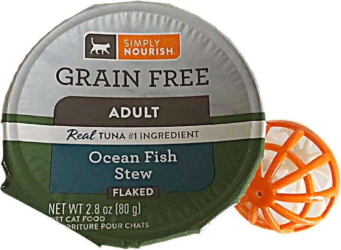 SIMPLY NOURISH Adult Cat Grain Free Stew Flaked. 6-2.8 OZ Cups. Plus Cat Toy Will Vary. (Ocean Fish Stew)