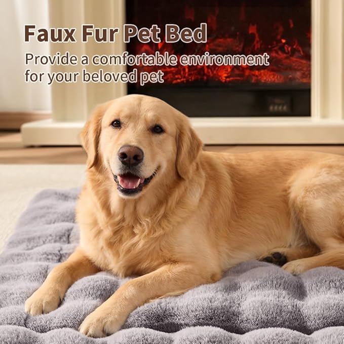Self-Warming Dog Bed, Plush Faux Fur Mat with Anti-Slip Bottom, Ultra Soft Heated Pet Bed for Medium Large Dogs, Cozy Fluffy Pad for Carriers Couch Crate, Machine Washable, 35 x 27 Inch Grey