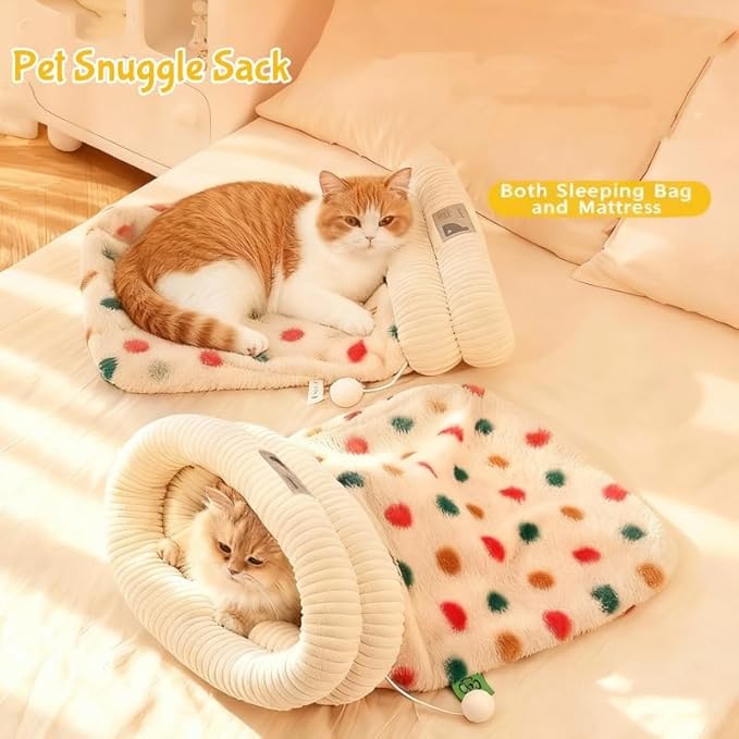 Cat Sleeping Bag, Cats Winter Sleeping Bag for Indoor Cats Cozy Plush Cat Cave Bed, Self-Warming Pet Snuggle Sack for Kitten Puppy Small Dogs (D - Beige 2 pcs, M-17"x14.5")