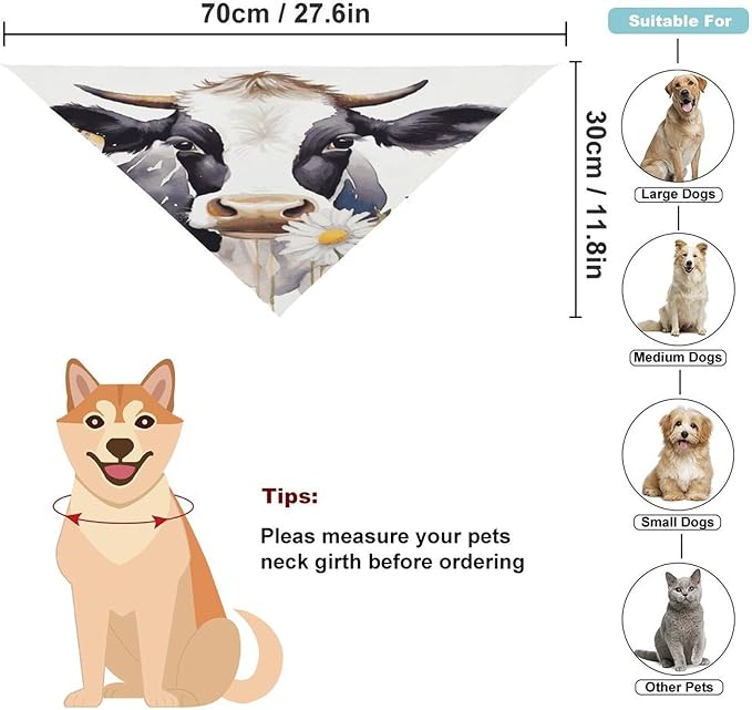 Dog Bandana Spring Pet Scarf Adjustable Triangle Watercolor Cow and Daisy Flower Printing Dog Bib Washable Polyester Puppy Bandana for Small Medium Large Dogs Cat Birthday Party Supplies