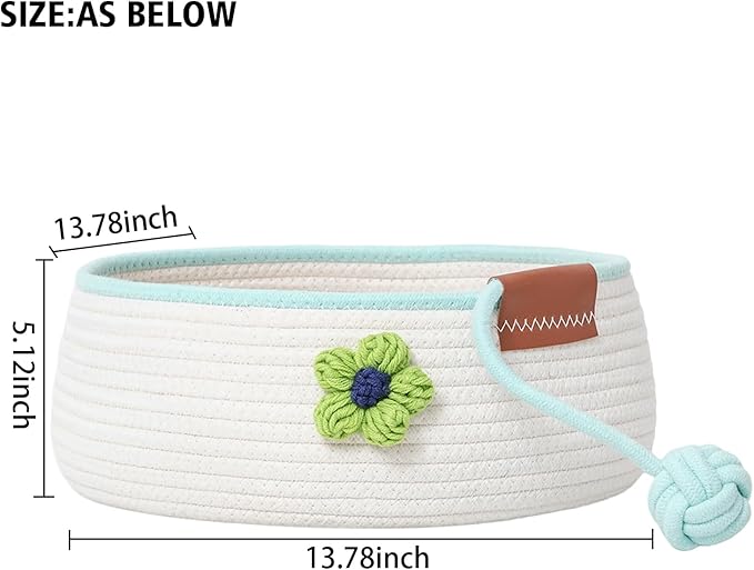 Natural Cat Bed Cotton Rope Woven for All Seasons Cat Nest Basket Washable,Cute Green Flower Decor,Cozy Kitten Mat Scratcher Round Shape for Indoor(White)