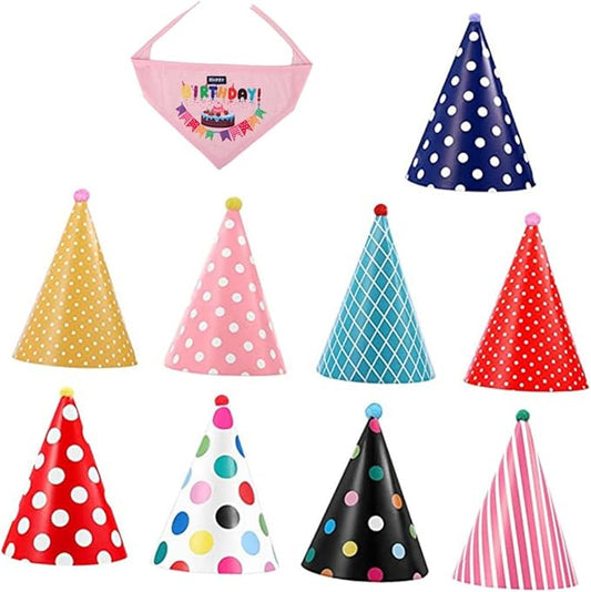 Toyvian Dog Birthday Party Supplies Set 9 Decorative Birthday Hats 1 Saliva Bib Bandana for Pets Adjustable Size for Pet Celebration Random Color