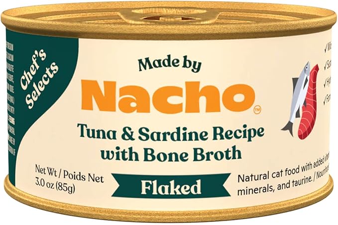 Made by Nacho Flaked Filets Recipe in Bone Broth, Grain-Free Chef's Selects Wet Food for Cats Balanced Diet in Naturally Hydrating Pumpkin-Infused Broth (3.0 oz (Pack of 12), Tuna & Sardine)