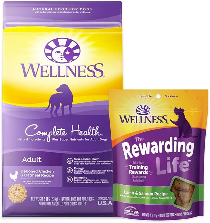 Wellness Dog Food and Treats Trial Bundle: Complete Health Dry Food, Chicken 5lb & Rewarding Life Soft Treats, Lamb and Salmon