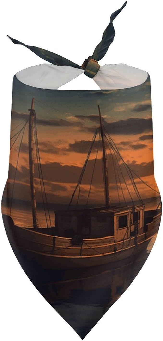 Dog Bandana Spring Pet Scarf Adjustable Triangle Boat at Dusk Printing Dog Bib Washable Polyester Puppy Bandana for Small Medium Large Dogs Cat Birthday Party Supplies