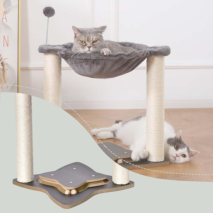 FluffyDream Cat Scratching Post for Indoor Cats, Small Cat Tree Tower with Hammock,Wooden Interactive Ball Track for Kitten and Adult Cats,18inches (Grey)