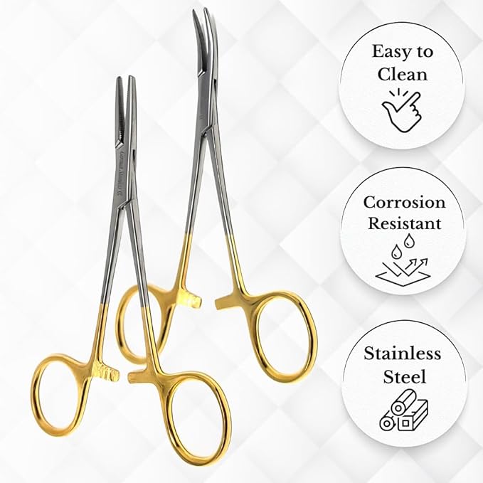 HTI Set of 2 Pcs Dog Cat Pet Hair Puller Remover Stainless Steel Hemostat Locking Forceps 5.5" Straight and Curved Full Serrated (Gold Handle)