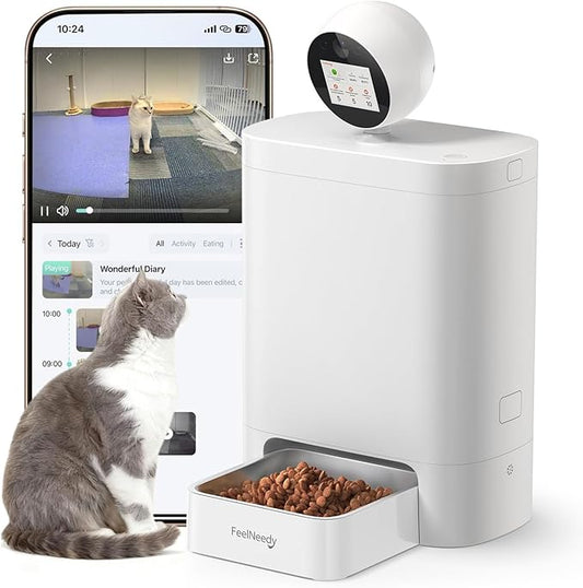Automatic Cat Feeder with Camera 360° AI-Powered, 2K HD Video with Night Vision & 2-Way Audio, 2.4G/5G Wi-Fi Smart APP Control, Low Food Alert, 5.5L Timed Pet Feeder for Cats/Dogs