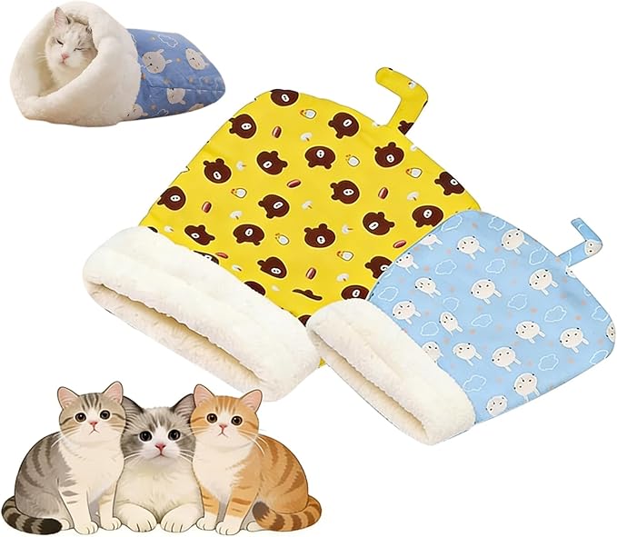 2PC Cat Sleeping Bag for Indoor Cats,Cat Sleeping Bag,Cozy Pet Nest for Cats, Winter Washable Wrap Pet Snuggle Sack for Kitten Puppy(Blue+Yellow)