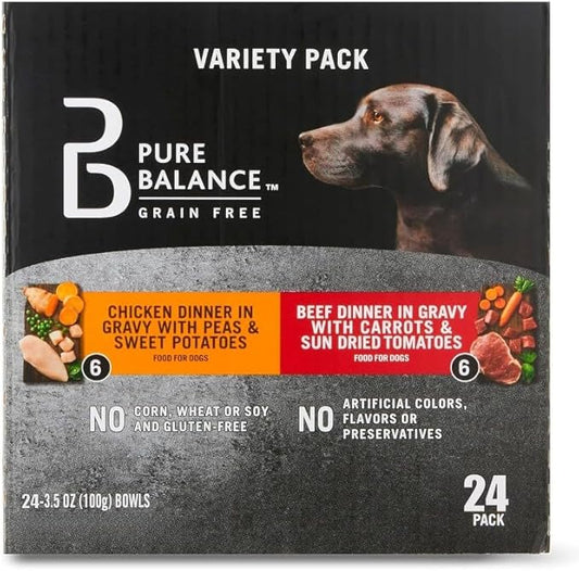 (2 Pack) ~ Pure Balance Grain Free Chicken Dinner in Gravy & Beef Dinner in Gravy Wet Dog Food Variety Pack ~ 3.5 Oz ~ (12 Count).