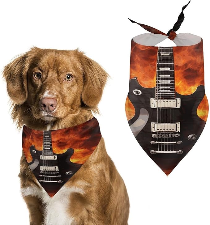 Dog Bandana Spring Pet Scarf Adjustable Triangle Rock Guitar Printing Dog Bib Washable Polyester Puppy Bandana for Small Medium Large Dogs Cat Birthday Party Supplies