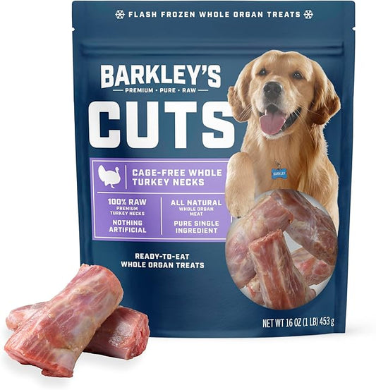 Barkley’s Cuts, Frozen Raw Sliced Turkey Necks Dog Treats, Single Ingredient, Flash Frozen, High Protein Training Treats and Food Toppers for Puppies and Dogs, Human Grade Ingredients, 16 Oz Bag