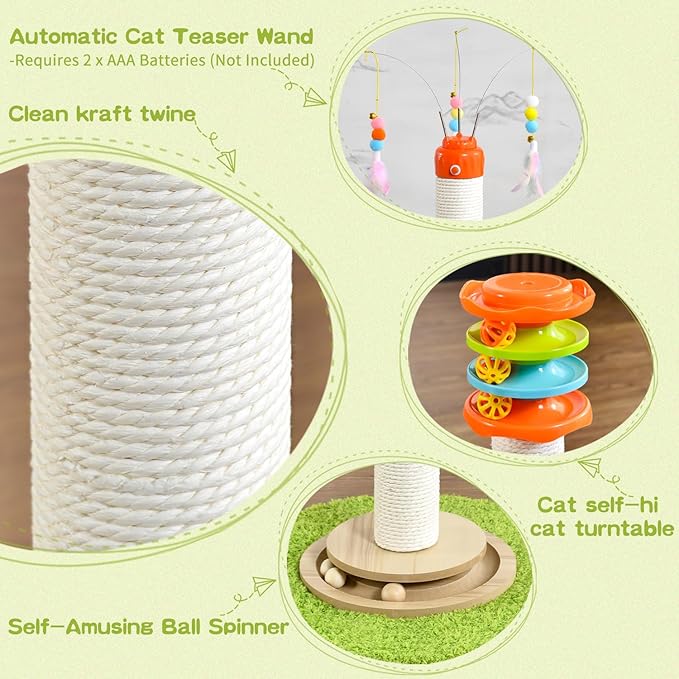 Cat Scratching Post，40'' Tall Cat Scratcher Tree Cat Toys for Indoor Cats with Cat Toys 4-Tier Roller Track，Automatically Rotating cat Teaser Wand，Hanging Balls for Kittens Adults Cats