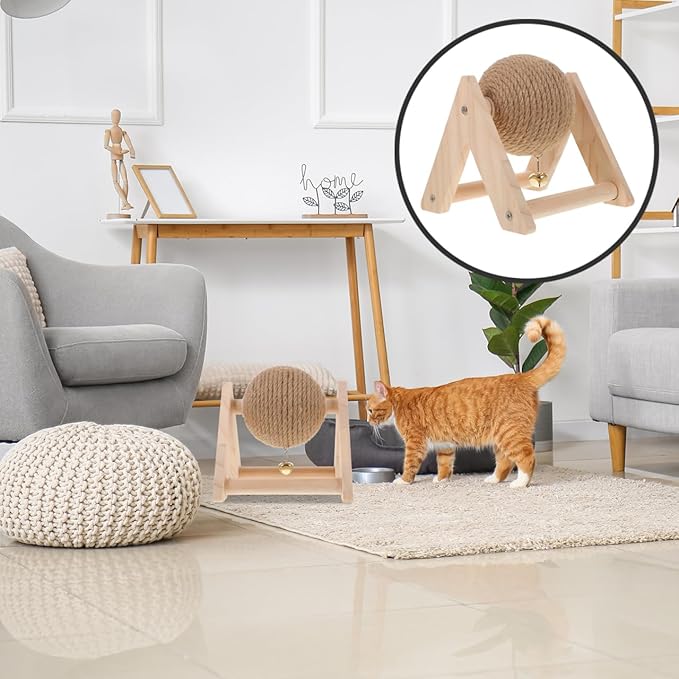 Aboofan Cat Scratcher Toy with Sisal Ball Cats Scratching Rope Ball Interactive Rotatable Wood Pet Scratcher Toys Durable for Indoor to Grind Claws Pet Furniture Supplies