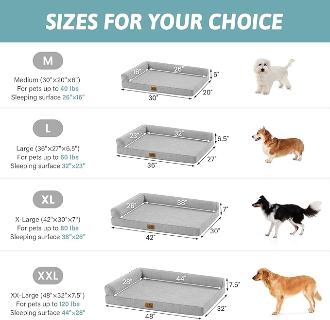 Cooling Dog Bed, Orthopedic Foam Dog Bed with Sides, Removable Cover & Waterproof Lining and Nonskid Bottom, Comfortable Pet Beds for Dogs, Grey (42" L x 30" W x 7" Th)