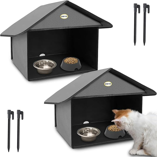 Dreyoo Outdoor Cat Feeding Station for Food & Water, Weatherproof Outdoor Kitty Dining Room Cat Shelter for Stray, Feral Cats and Community Cats, 13”d x 17”w x 15.5'h(2 Pack,Dark Grey)