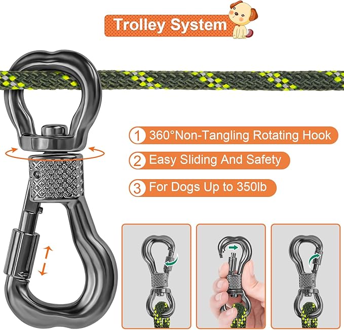 XiaZ Dog Tie Out Cable for Camping, 100ft Portable Overhead Trolley System for Dogs up to 200lbs，Dog Lead for Yard, Camping, Parks, Outdoor Events,5 min Set-up