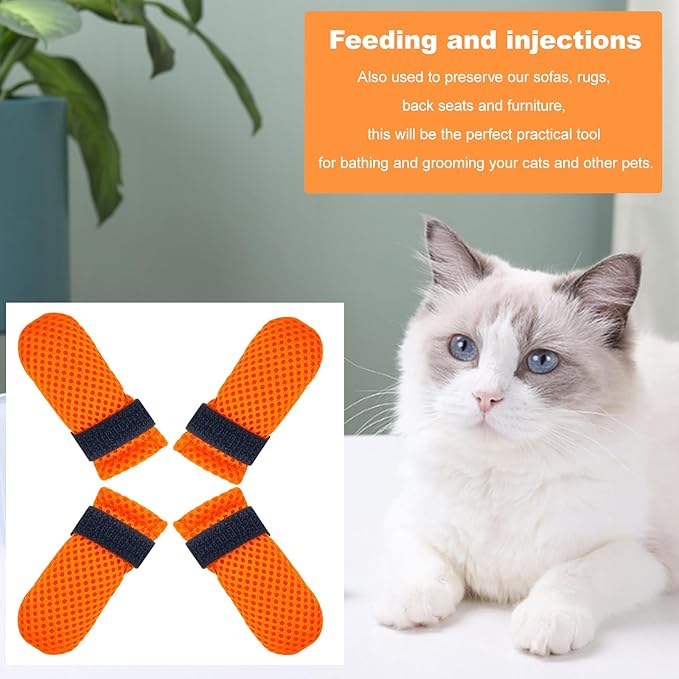 Cat Boots Paw Covers Anti-Scratch Foot Protectors - Adjustable Mesh Claw Protectors, Non-Slip Breathable for Bathing and Nail Cutting (4 Pieces, S, Orange)