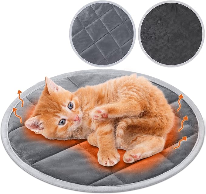 2 Pcs Self Warming Cat Mat Round Self Heating Pad Bed Reversible Machine Washable Heated Bed Anti Slip Warming Pad Pet Mat for Cat Crate Indoor Outdoor (Gray,12 Inch)
