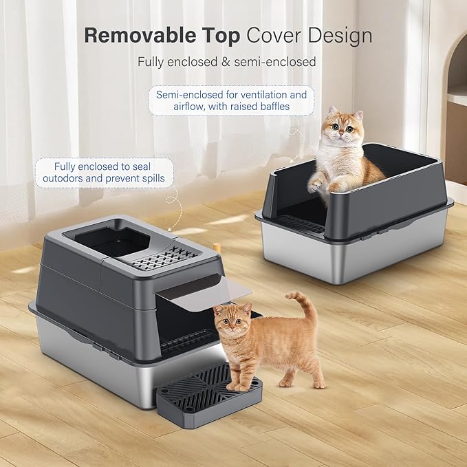 Stainless Steel Litter Box with Lid, XL Extra Large Enclosed Cat Litter Box Fits All Cats Modular Design with Flip Cover, Top Entry Metal High Sided Cat Box & Pedal & Scoop (Dark Grey)